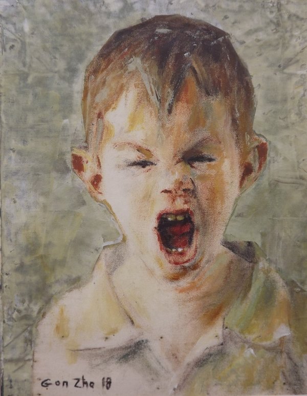 Obra original de Gonzho, acrílico sobre tabla, año 2018, Titulo: ''Un grito en la infancia''