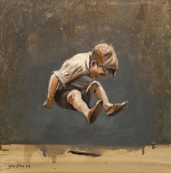 Obra original de Gonzho, acrílico sobre lienzo, año 2024, Titulo: ''Pisando charcos''